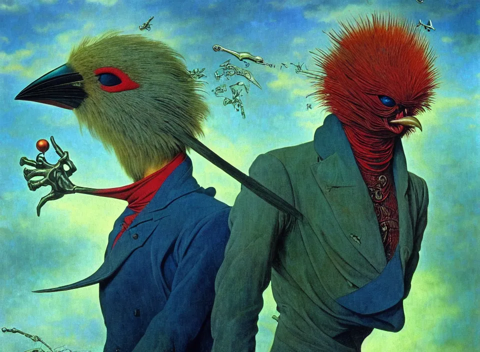 Prompt: realistic detailed portrait movie shot of a birdman wearing a dark blazer, sci fi landscape background by denis villeneuve, amano, yves tanguy, alphonse mucha, ernst haeckel, max ernst, roger dean, masterpiece, rich cold moody colours, dog teeth, blue eyes