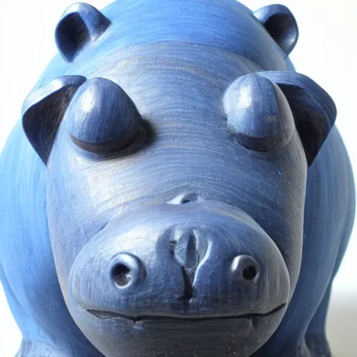 Image similar to a small simple hippo statue carved natural wood, dipped in polished blue ceramic, half and half, mixed media, side view