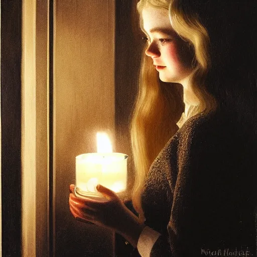 Prompt: Painting of Elle Fanning holding a candle in a dark hallway, long blonde hair, delicate, pale milky white porcelain skin, by Norman Rockwell. Extremely detailed.