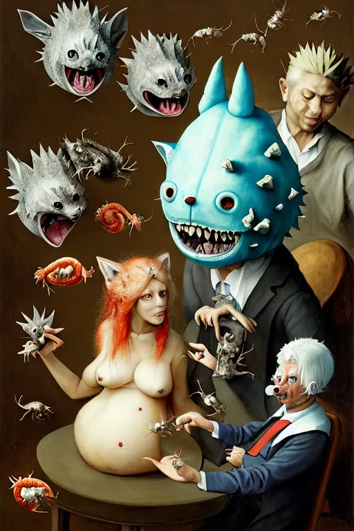 Image similar to hieronymus bosch, greg rutkowski, anna podedworna, painting of two white haired catgirls, a small fat blue godzilla, a pickle in a suit and tie, a cybernetic fox woman, a woman with one eye, a small hedgehog, a man with a shrimp for a head, pointing at a vampire clown with red hair in a vr headset