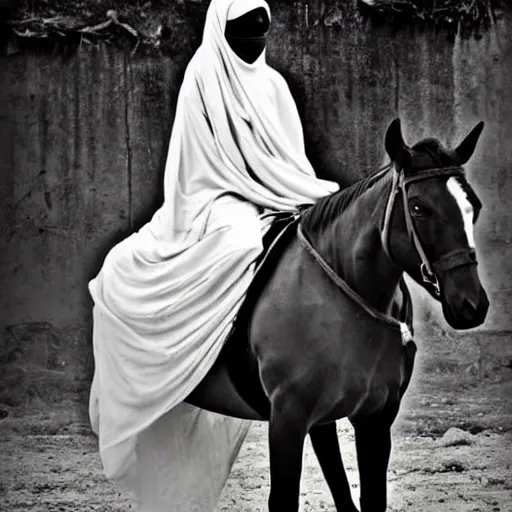 Image similar to burqa's woman, ride horse, taliban, riffle on chest, dust, cinematic, beautiful, dynamic pose, pinterest