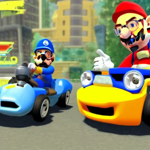 Prompt: Walter White throwing a blue shell at Jesse Pinkman in Mario Kart 8