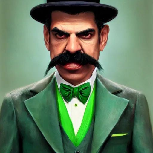 Image similar to hyper realistic portrait, beautifully rendered, luis guzman as dapper fancy luigi wearing a green top hat, green suit and bowtie, smirking deviously, painted by greg rutkowski, wlop, artgerm, dishonored 2