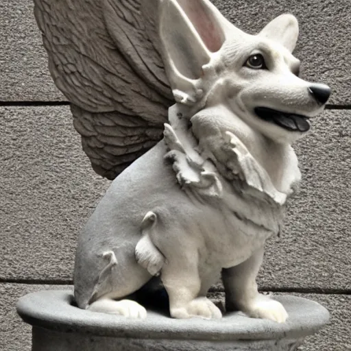 Image similar to corgi gargoyle with wings made of stone, uncropped, photography