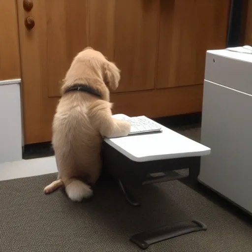 Prompt: golden retriever puppy working at a computer desk, office, in the style of the office, dwight schrute, michael scott, pam, tv sitcom camera style,