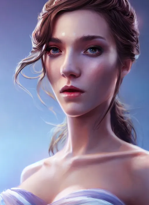 Prompt: beautiful fashion goddness, strapless dress, character portrait in the style of thomas river and artgerm, wlop, cinematic lighting, hyperdetailed, 8 k realistic, symmetrical, global illumination, radiant light, halo, love and mercy, frostbite 3 engine, cryengine, dof, trending on artstation, digital art, chanel