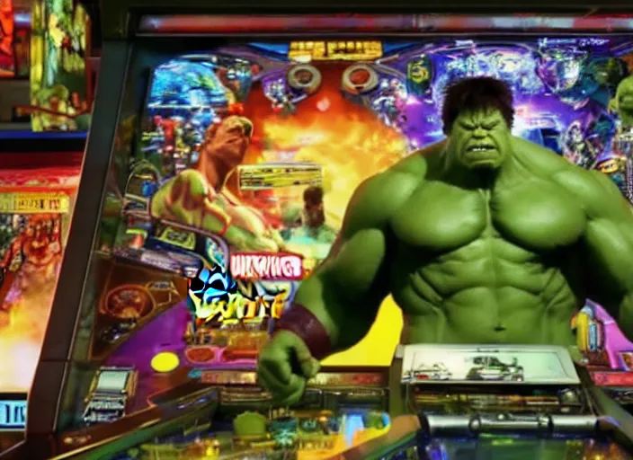 Image similar to film still of Hulk playing pinball in the new Avengers movie, 4k