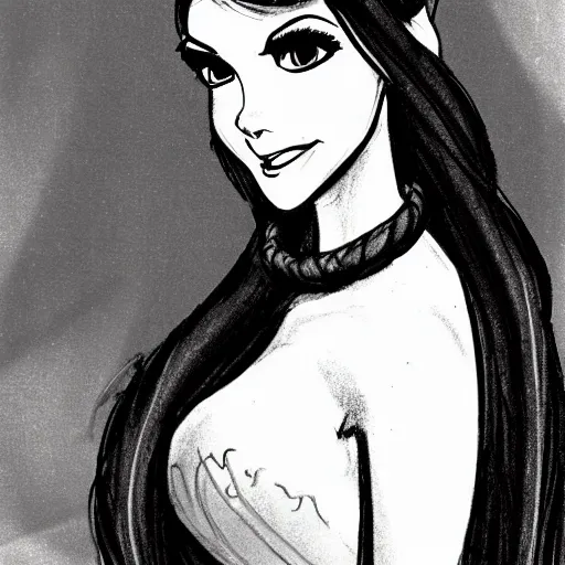 Image similar to milt kahl sketch of victoria justice with done up hair, tendrils covering face and ponytail as princess padme from star wars episode 3