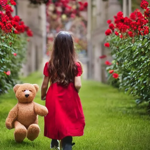 Prompt: a girl walking with her teddy bear in a garden full of red roses