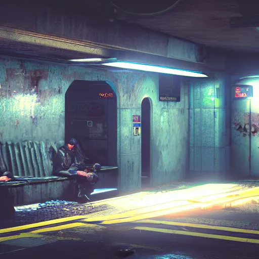 Prompt: abandoned underground subway homeless filthy horror slum low light sadness lonely. Cyberpunk 2077. CP2077. 3840 x 2160
