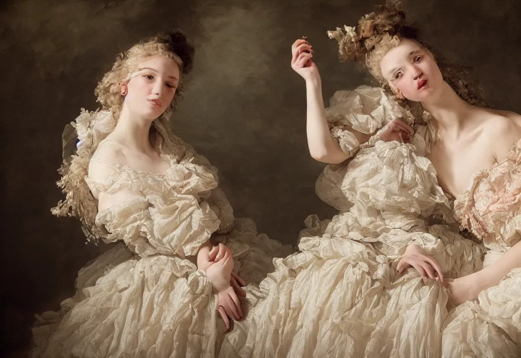 Image similar to fashion editorial portrait by Jean-Honoré Fragonard. outdoor. highly detailed. 8k. depth of field. photography