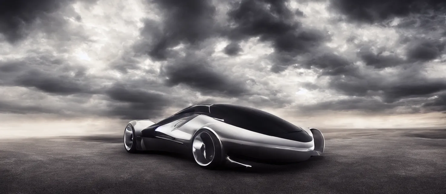 Image similar to futuristic luxury car from the year 2052, professional studio photography, award winning, dramatic lighting, clouds, sunset