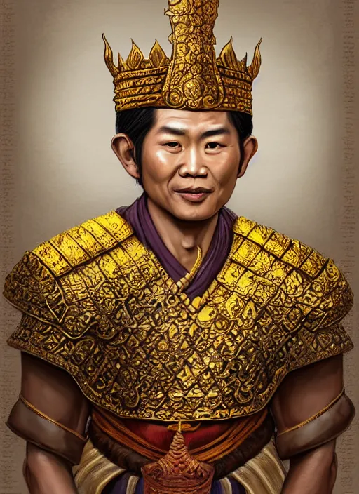 Image similar to king ramkhaheang of sukhothai, close portrait, historical, ethnic group, traditional tai costume, sukhothai headset, leather shoulder armor, fantasy, intricate, with leather armor cross onbare chest, elegant, loin cloth, highly detailed, oill painting, artstation, concept art, matte, sharp focus, illustration, hearthstone, art by earl norem