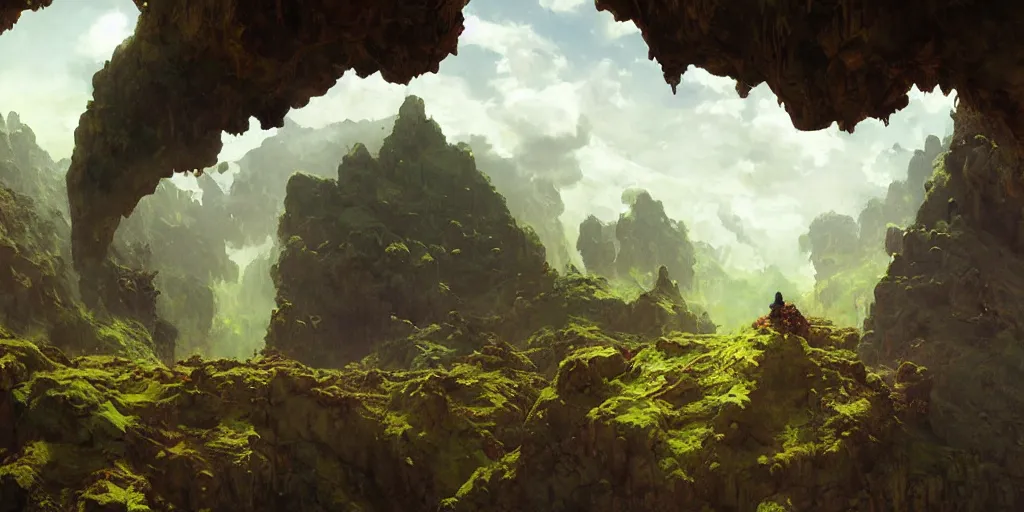 Image similar to huge cave ceiling clouds made of green earth towns, industry, steampunk villages castles, buildings inverted upsidedown mountain artstation illustration sharp focus sunlit vista painted by ruan jia raymond swanland lawrence alma tadema zdzislaw beksinski norman rockwell tom lovell alex malveda greg staples