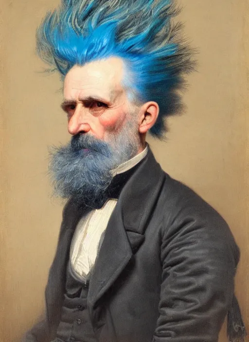 Prompt: a detailed portrait of old man with a extravagant mohawk by edouard bisson, blue hair, punk rock, oil painting, muted colours, soft lighting