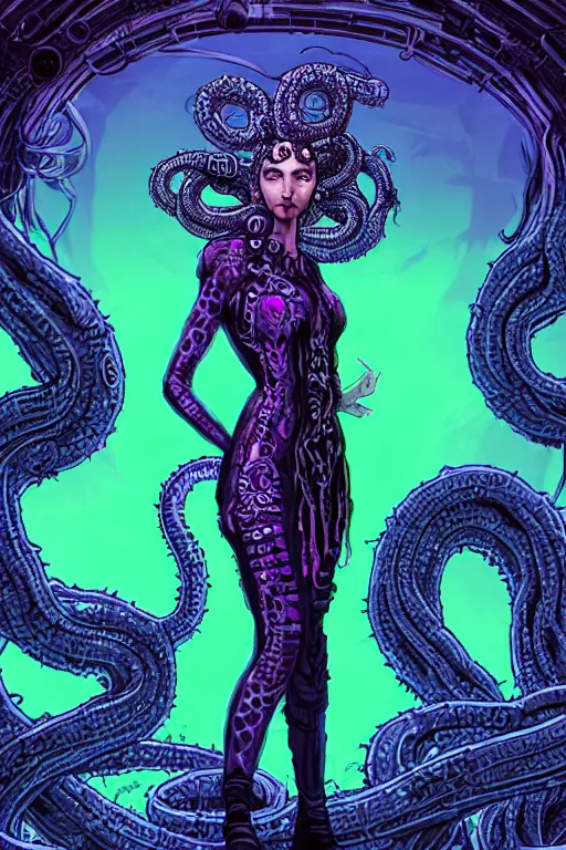 Prompt: Perfectly-centered Hyperdetailed symmetrical cinematic RPG portrait-illustration of a beautiful aetherpunk cyberpunk Medusa in a long neon-noir lovecraftian dress while her hair is made of huge ravepunk snakes. She's standing next to otherworldly towers in a surreal landscape with a cosmic horror blurred background, in the style of an epic sci-fi comic-book cover, 3D rim light, smooth digital art, sharp focus, 8K, masterpiece, Professional post-processing and HDR digital airbrush painting, Gsociety, ArtstationHQ, 3d final render, 3d shading, unreal 5, octane render, psychedelic highlights and overtones, dramatic, dynamic and atmospheric lighting, anamorphic lens.