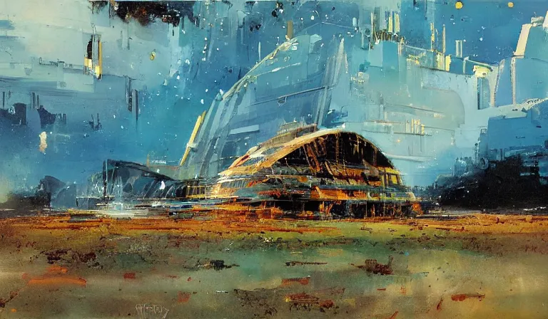 Prompt: A serene landscape with a singular building in the style of John Berkey.