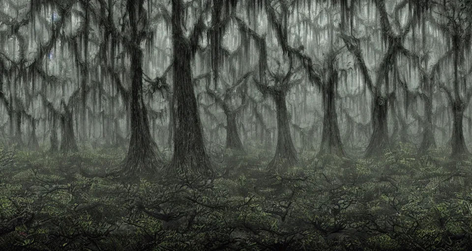 Prompt: A dense and dark enchanted forest with a swamp, by Steve Argyle