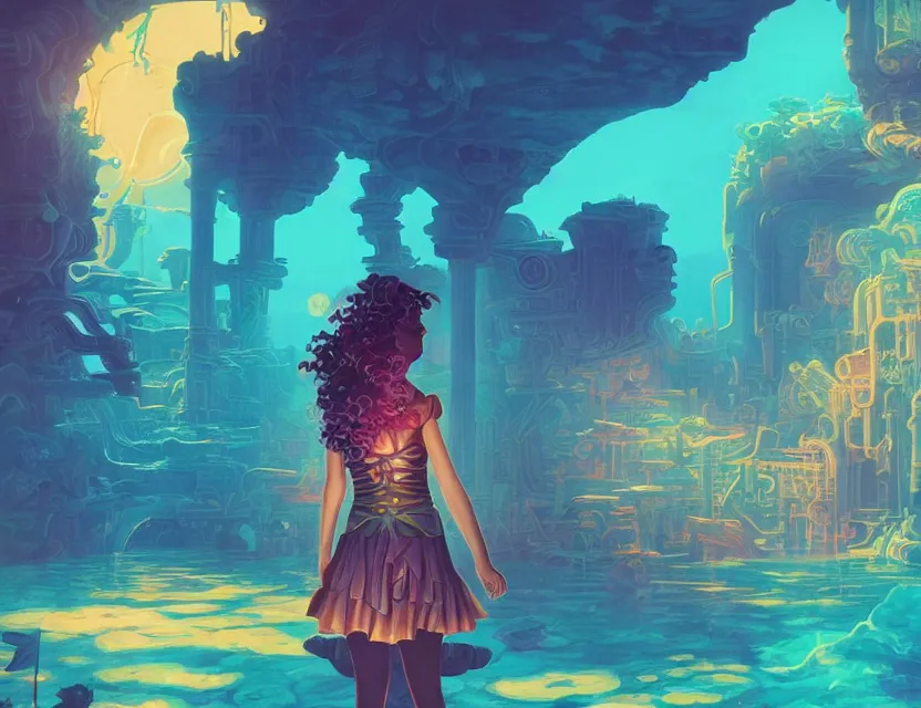 Prompt: little girl in steampunk vaporwave atlantis. complementary colors, gouache, indie concept art, bloom, chiaroscuro, backlighting, intricate details.