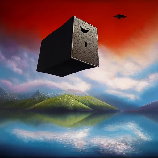 Image similar to largely animated black cube sits in the air, levitating above a pristine lake with a background of residual peaceful mountains, robustly intricate oil painting, 4 k quality, trending on artstation
