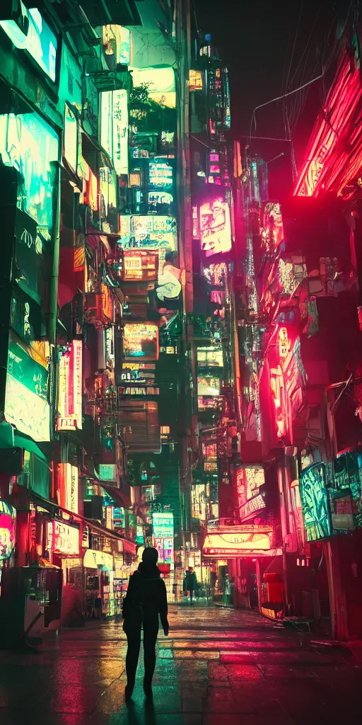 Image similar to cyberpunk city at night, night clubs and neons, rain, camera above roofs, girl under lantern