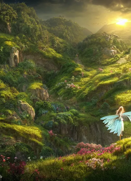 Image similar to an elegant winged fairy flying in the lord of the rings scenery landscape, looking out at a vast lush valley flowers and homes made of mushrooms, stream, sunrise, god's rays highly detailed, vivid color, cinematic lighting, perfect composition, 8 k, gustave dore, derek zabrocki, greg rutkowski, belsinski, octane render