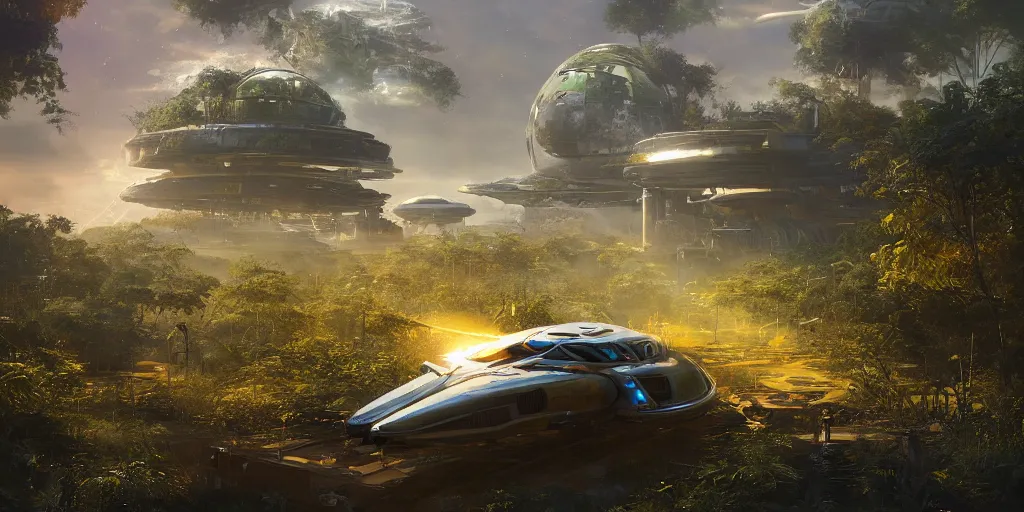 Image similar to a futuristic rusty old spaceship, on a landing pad, surrounded by a lush jungle, , golden hour, sun beams, volumetric light, hyperdetailed, artstation, cgsociety, 8k