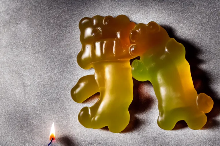 Prompt: one haribo gummy tardigrade, food photography, dramatic lighting, candles