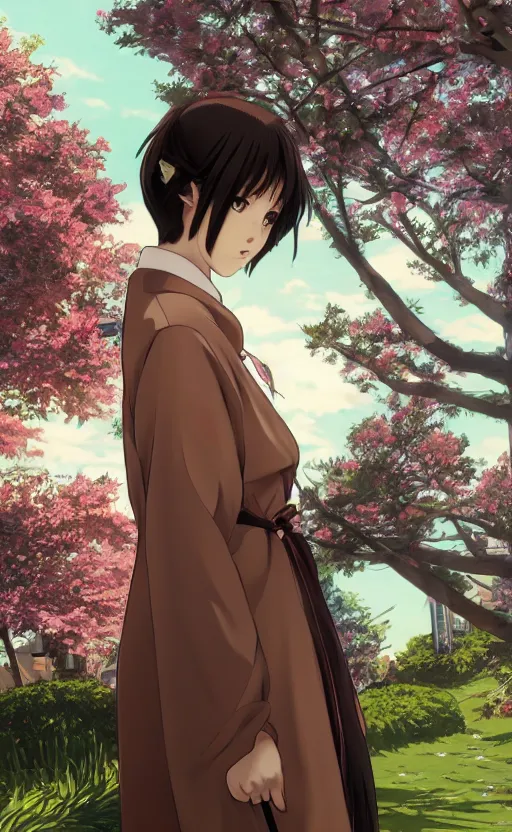 Image similar to anime style, gta 5, portrait of girl, yukata clothing, sakura tree in background, brown short hair, hair down, symmetrical facial features, from arknights, hyper realistic, sad eyes, extreme detail, 4 k drawing, safebooru, realistic lighting, by alphonse mucha, greg rutkowski, sharp focus, backlit