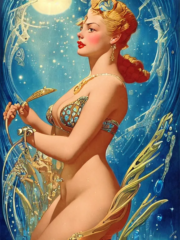 Prompt: princess kida the high queen of ancient atlantis, a beautiful art nouveau portrait by Gil elvgren, beautiful underwater city environment, centered composition, defined features, golden ratio, silver jewelry, stars in her gazing eyes