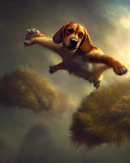 Image similar to cute flying beagle, cinematic, stunning, adorable, highly detailed fur, digital painting, artstation, smooth, hard focus, illustration, art by jessica rossier and and brian froud