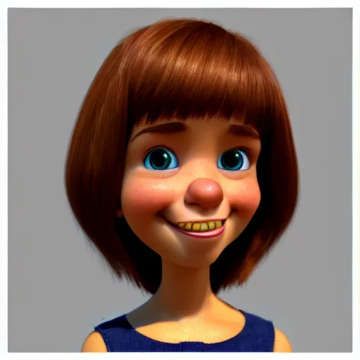 Image similar to A portrait of a mother, a cute 3d cgi toon woman with brown hair in a Bob, brown eyes, full face, olive skin, romanian heritage, medium shot, mid-shot, hyperdetailed, 8k, trending on artstation, as a Pixar character