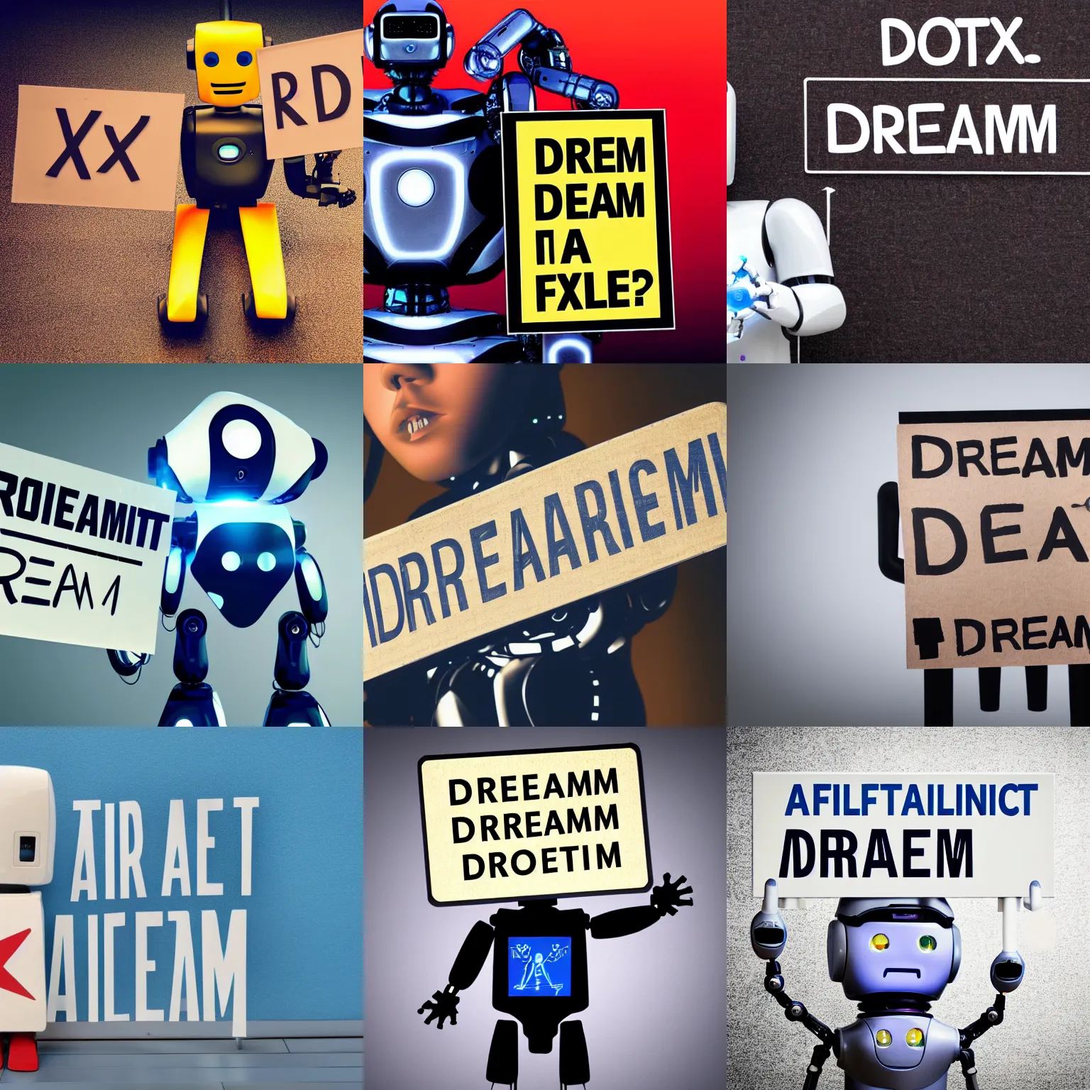 Image similar to artificial intelligence robot holding a sign with text that reads : dream