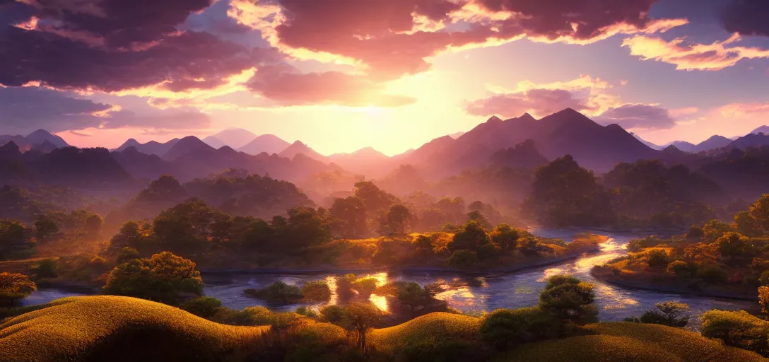 Prompt: epic view of beautiful ancient japanese valley at sunset, clear skies, winding rivers, there are hills in the far background distance, unreal engine, dramatic lighting, detailed, ambient occlusion, global illumination, god rays, 3 d artstation render by greg rutowski and jessica rossier