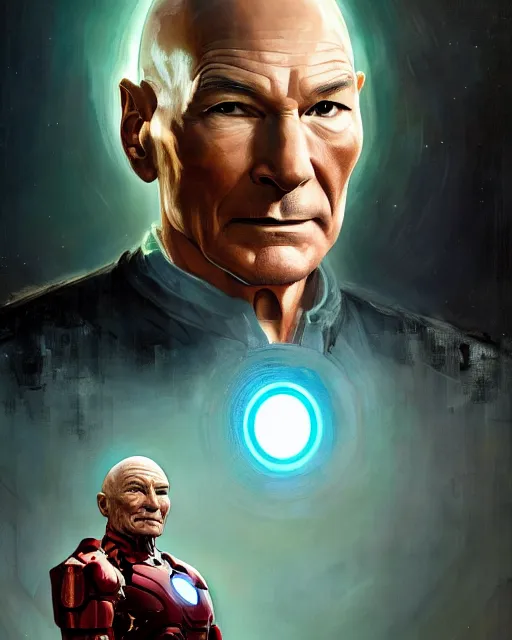 Image similar to a highly detailed portrait of Sir Patrick Stewart as Iron Man, heroic pose, by greg rutkowski and android jones in a surreal portrait style, oil on canvas, ancient cyberpunk 8k resolution, masterpiece