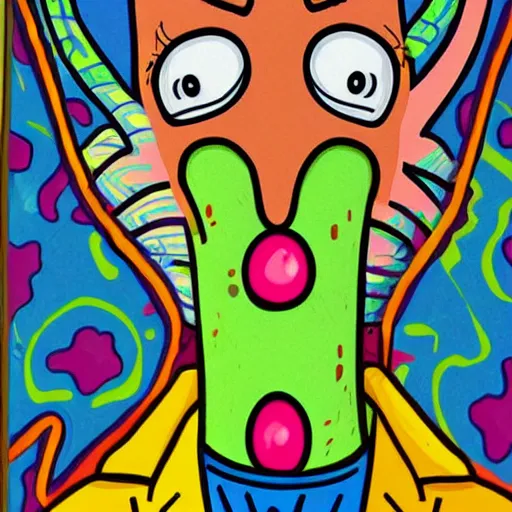 Image similar to handsome squidward as male, detailed, vivid colors, pop art style, portrait, detailed painting, man, realistic