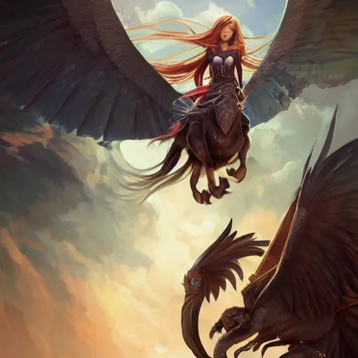 Image similar to Art station concept of a beautiful girl riding a gryphon, symmetrical face, smooth body features, by Stanley Artgerm Lau, WLOP, Rossdraws, James Jean, Andrei Riabovitchev, Marc Simonetti, and Sakimichan, trending on artstation