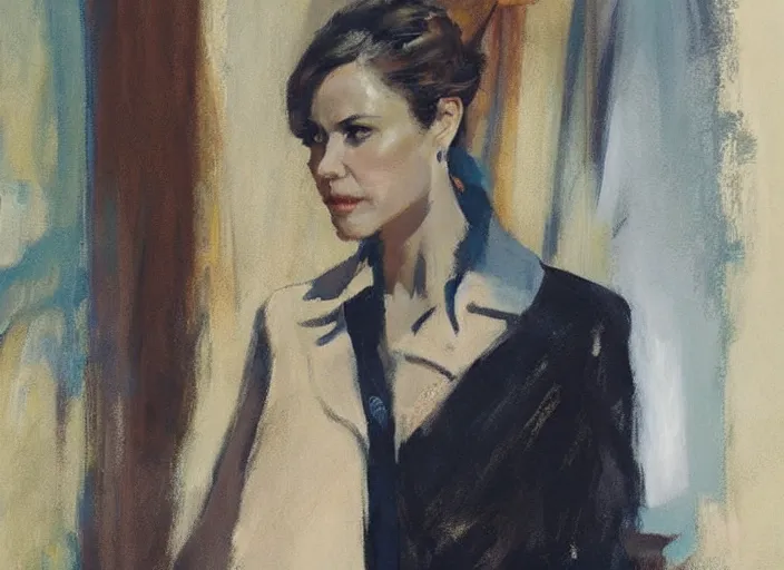 Prompt: a highly detailed beautiful portrait of a stylish mi 6 female agent, by gregory manchess, james gurney, james jean