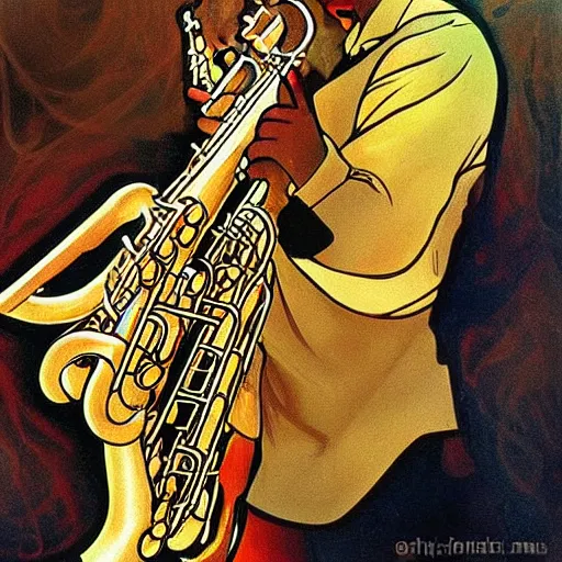 Prompt: Beautiful picture John Coltrane playing the saxophone reaching nirvana, Alphonse Mucha style