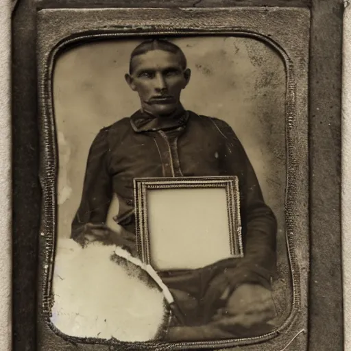 Image similar to Tintype photograph of found objects displayed in an ethnographic museum, archive material, anthropology, 1920s studio lighting.