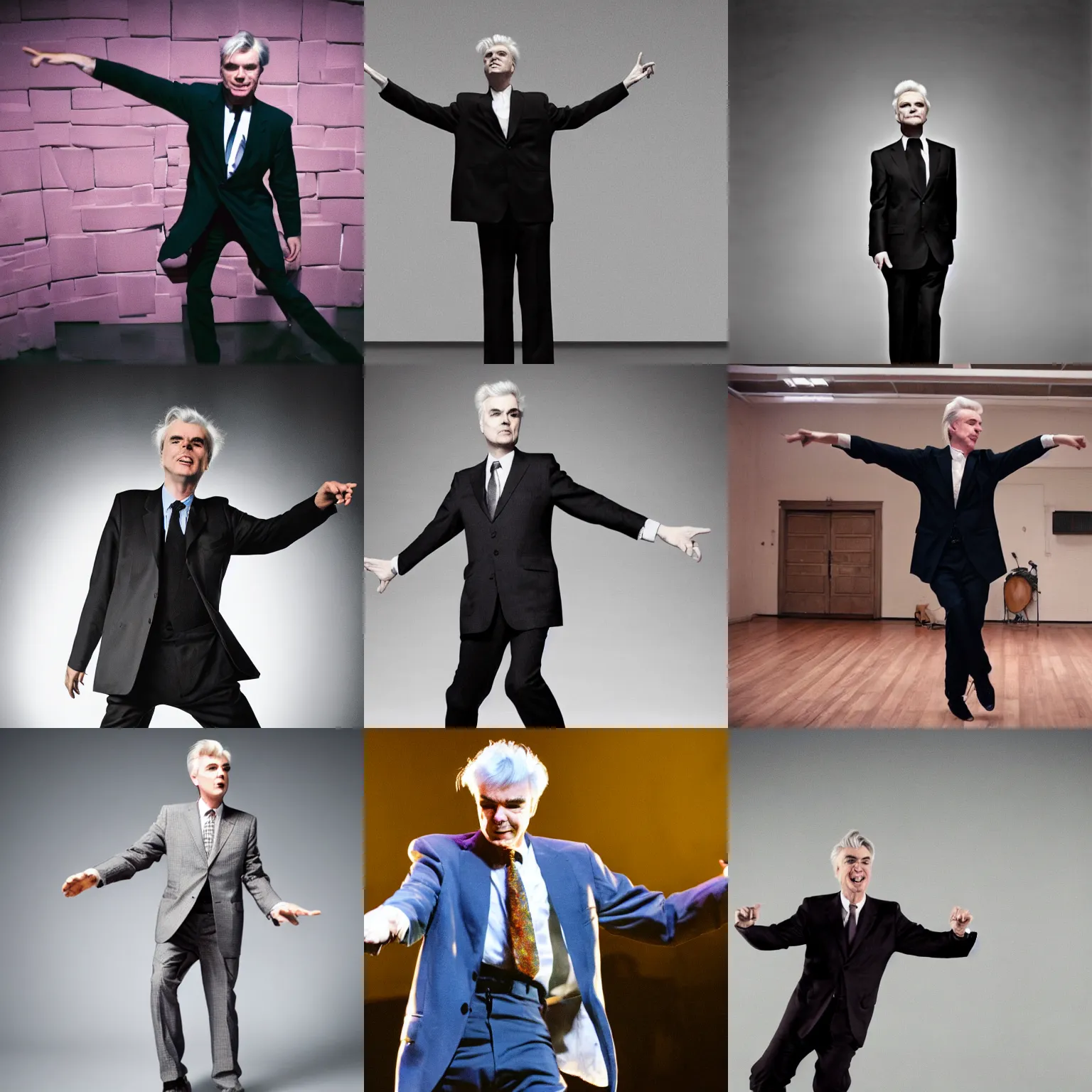 Prompt: david byrne dancing around in an oversized suit