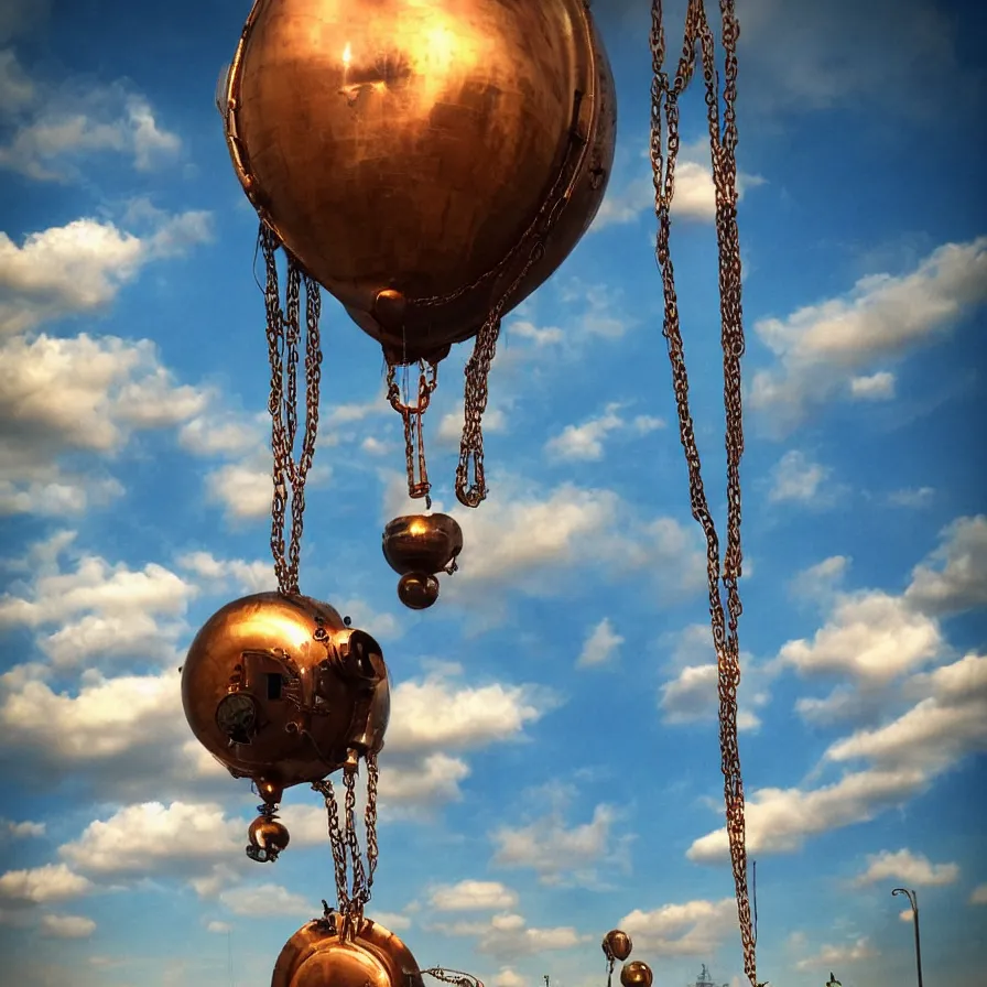 Prompt: beautiful steampunk blimps high in the sky, copper chains hanging from the edges, golden hour, steam clouds, clouds, valves, award winning photography, highly detailed, low poly, extremely wide angle