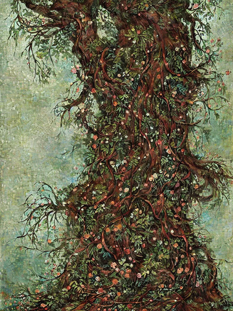Prompt: flowers and creeping vines, gnarly roots of an old tree, byzantine mosaics art by james jean, denis sarazhin, ryohei hase, thomas kinkade