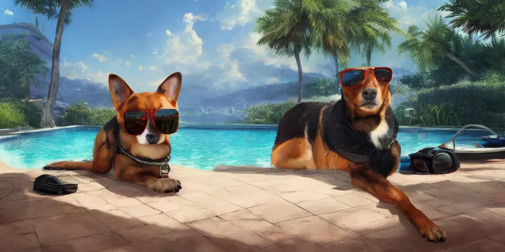 Prompt: A digital artwork piece of a chill dog, wearing sunglasses while sitting on a patio next to a pool by greg rutkowski and thomas kinkade, Trending on artstation, 8k quality