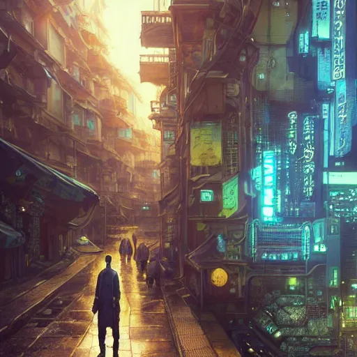 Image similar to A solarpunk very detailed farmer on the street of a very detailed solarpunk city art by Greg Rutkowski, neofuturistic highly detailed, digital art, smooth cyan gold light, sharp focus, Golden Ratio illustration, realistic concept art by Stephen Hickman and James Gurney and Hiromasa Ogura Ghost in the Shell rendered in Octane Render