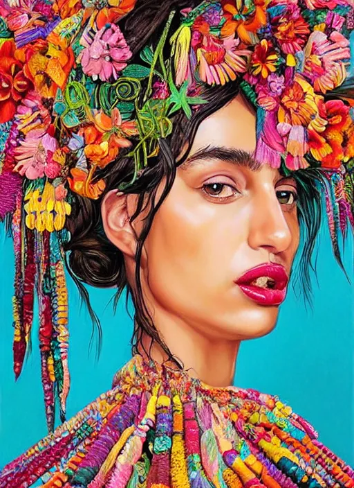 Prompt: beautiful portrait of Irina Shayk wearing fantastic Hand-dyed cotton dress,embellished beaded feather decorative fringe knots ,colorful pigtail,subtropical flowers and plants,symmetrical face,intricate,elegant,highly detailed,8k,digital painting,trending on pinterest,GUCCI,PRADA,harper's bazaar,concept art, sharp focus, illustration,by artgerm,Tom Bagshaw,Lawrence Alma-Tadema,greg rutkowski