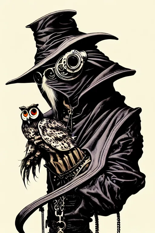 Image similar to side view of a hooded steampunk alchemist wizard holding his majestic owl on glove, high details, bold line art, by vincent di fate and joe fenton, inking, etching, screen print, masterpiece, trending on artstation, sharp, high contrast, hyper - detailed,, hd, 4 k, 8 k