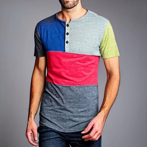 Image similar to men's henley tshirt, patchwork, bold colors