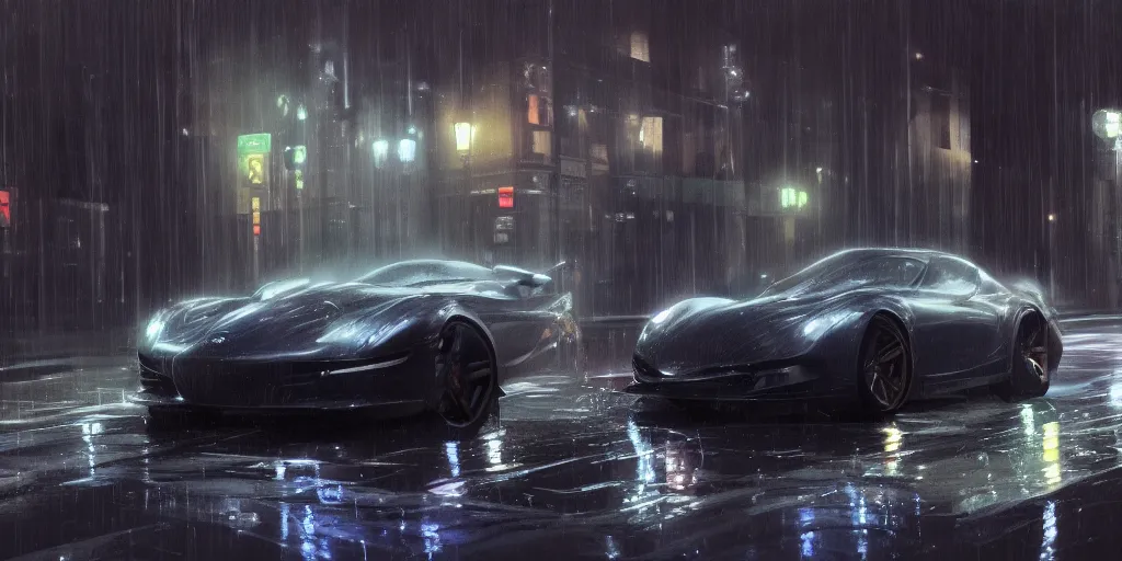 Image similar to full view of a sport car, on wet street at night, painted in dark color holographic pearlescent, elegant, digital painting, concept art, smooth, sharp focus, art style from Wang Ke and Greg Rutkowski and Bruce Kaiser and Scott Robertson and Dmitry Mazurkevich and Doruk Erdem and Jon Sibal