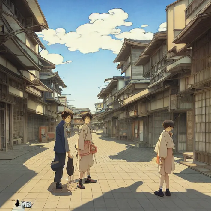 Image similar to empty japanese city, summer, in the style of studio ghibli, j. c. leyendecker, greg rutkowski, artem